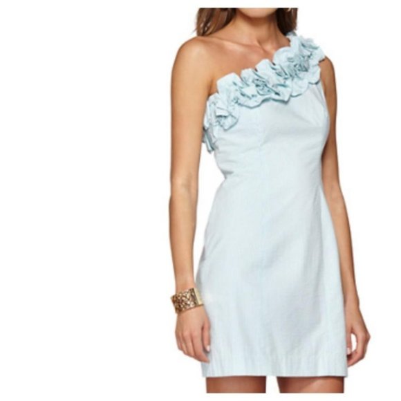 Lilly Pulitzer Dresses & Skirts - Lilly Pulitzer Blue Seersucker One Shoulder Ruffle Shift Dress Size 2